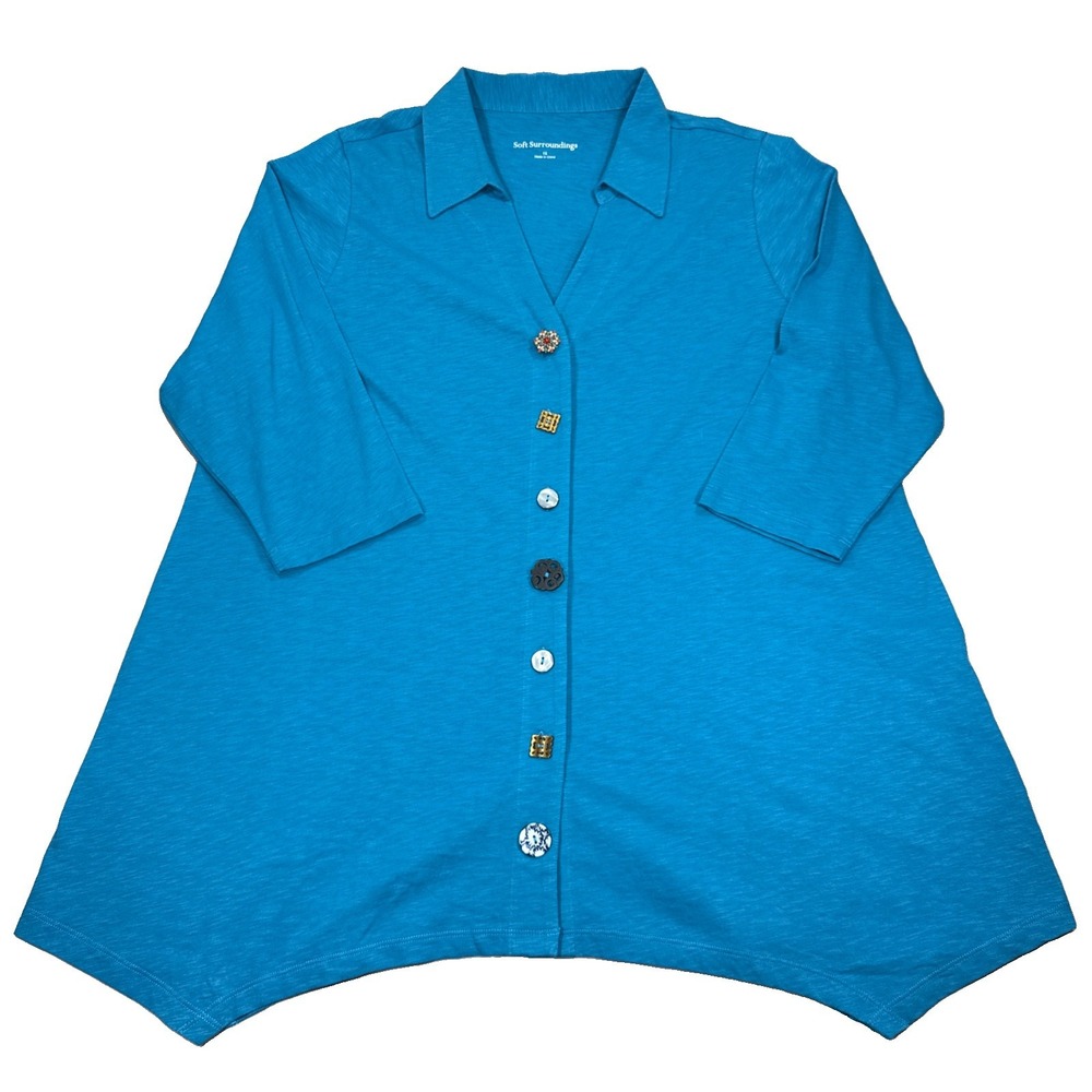 Soft Surroundings Top Women's 1X Blue Tunic Flowy Fun Buttons 100% Cotton Flowy